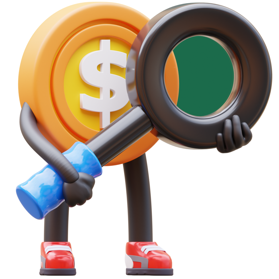 3d dinero moneda personaje con aumentador vaso png