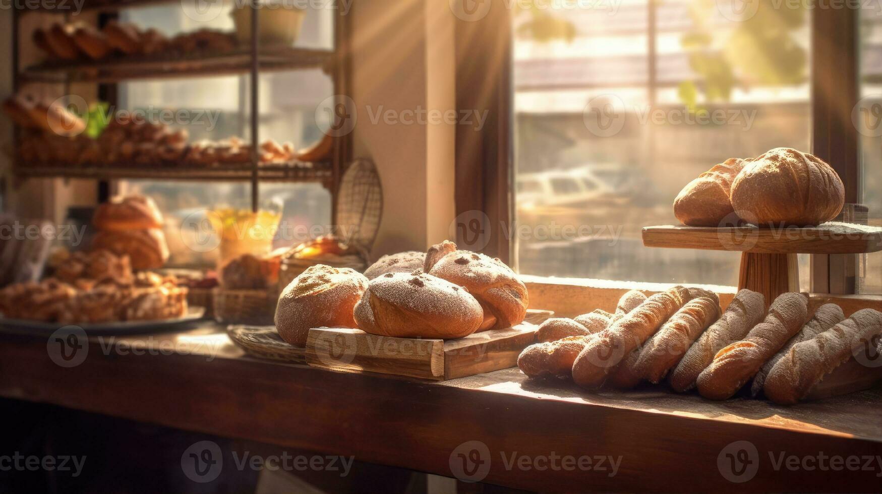Confectionery bakery with showcases and fresh pastries in the rays of sunlight photo