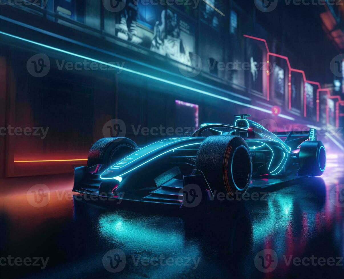 Formula 1 racing car in the neon light of the city streets photo