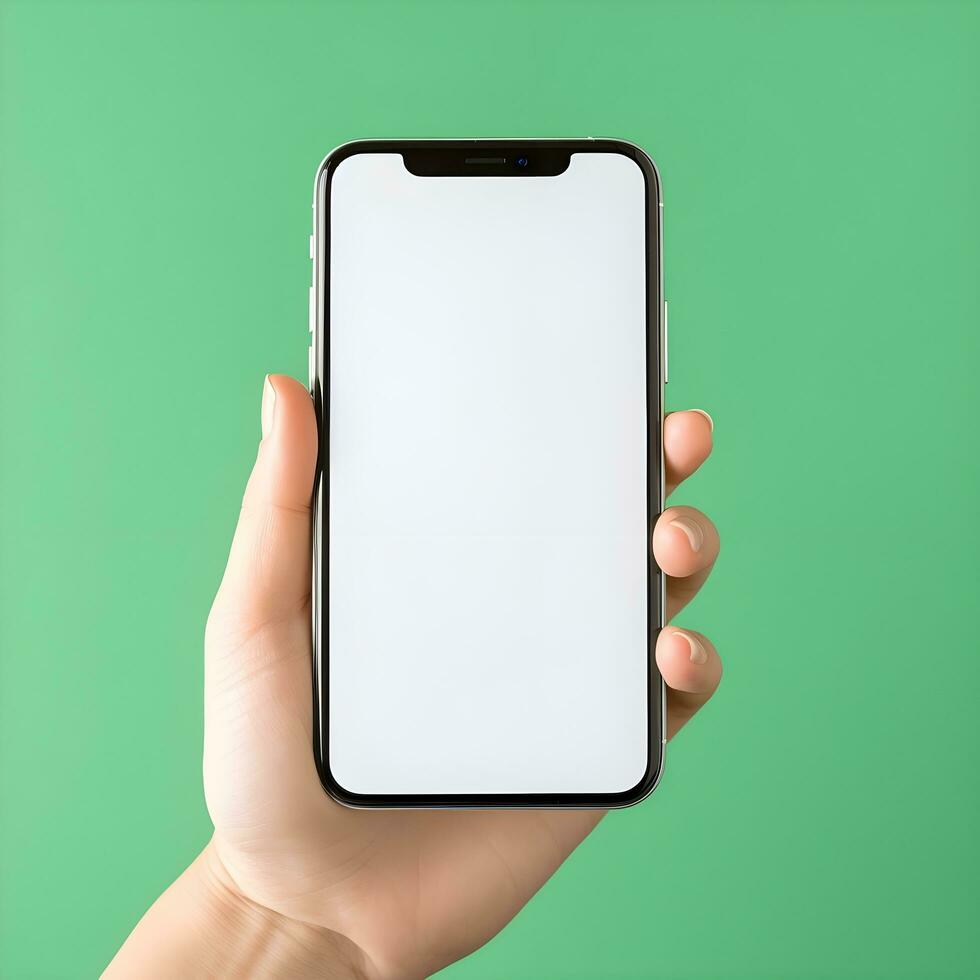 Hand holding black smartphone mockup with white screen. generative ai photo