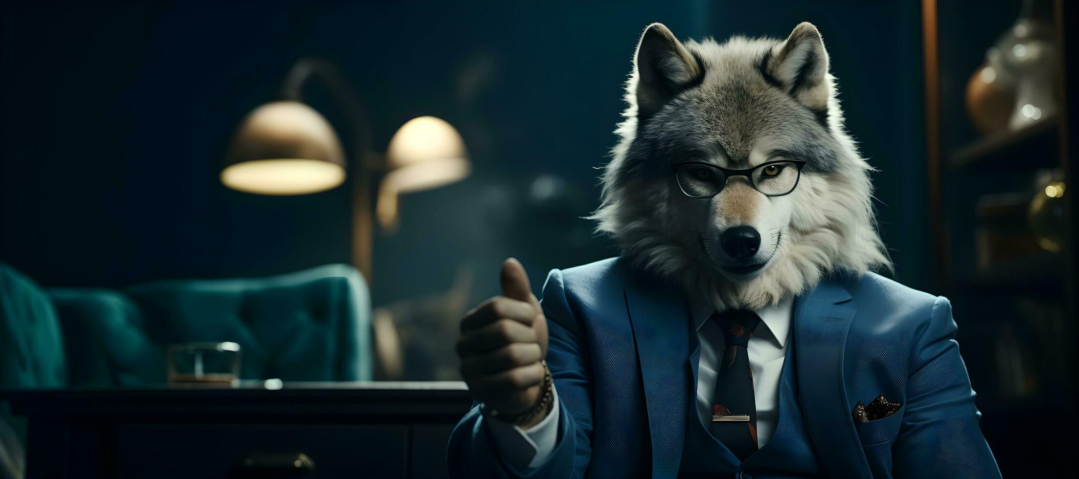 portrait of a wolf in a suit and sunglasses giving the thumbs up.copy space, generative ai photo