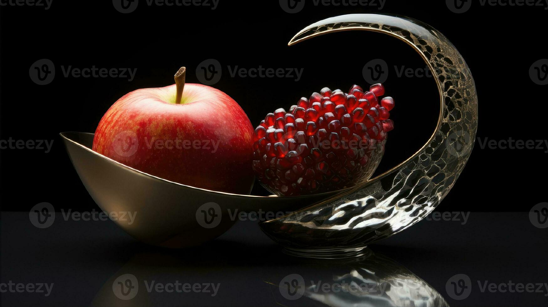 Rosh Hashanah is the concept of the Jewish holiday of the New Year. Bowl of apple with honey, pomegranate and candles are traditional symbols of the holiday. 3D rendering photo