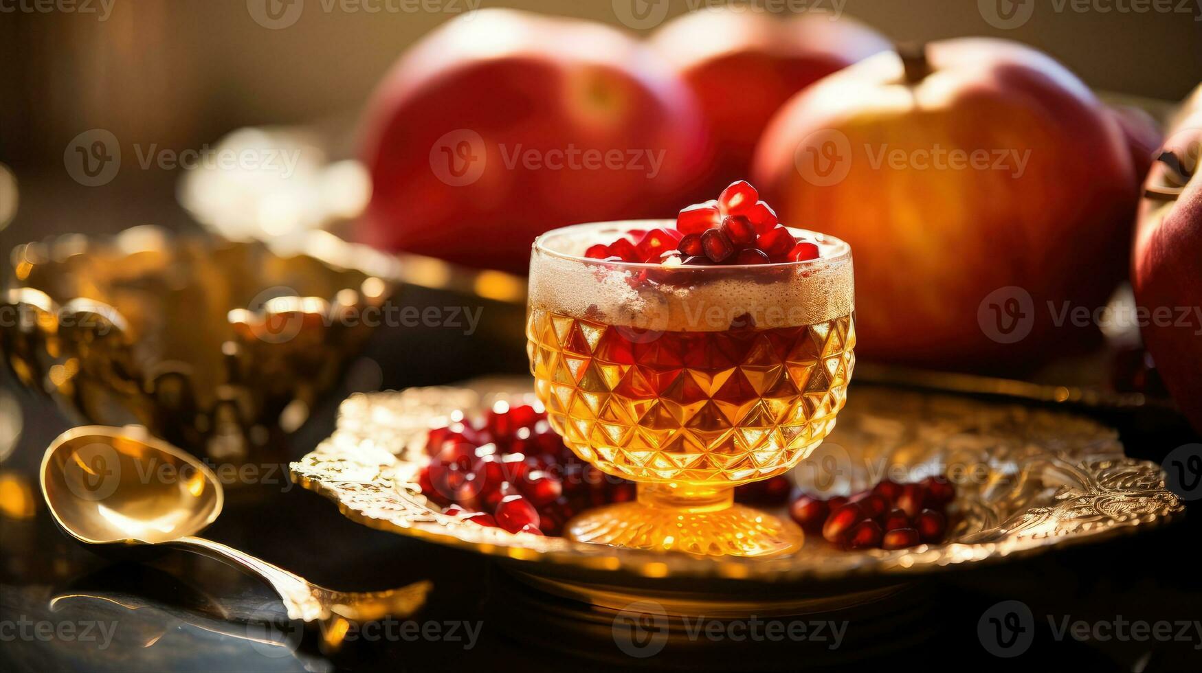 Rosh hashanah - jewish New Year holiday concept. Bowl an apple with honey, pomegranate are traditional symbols of the holiday photo