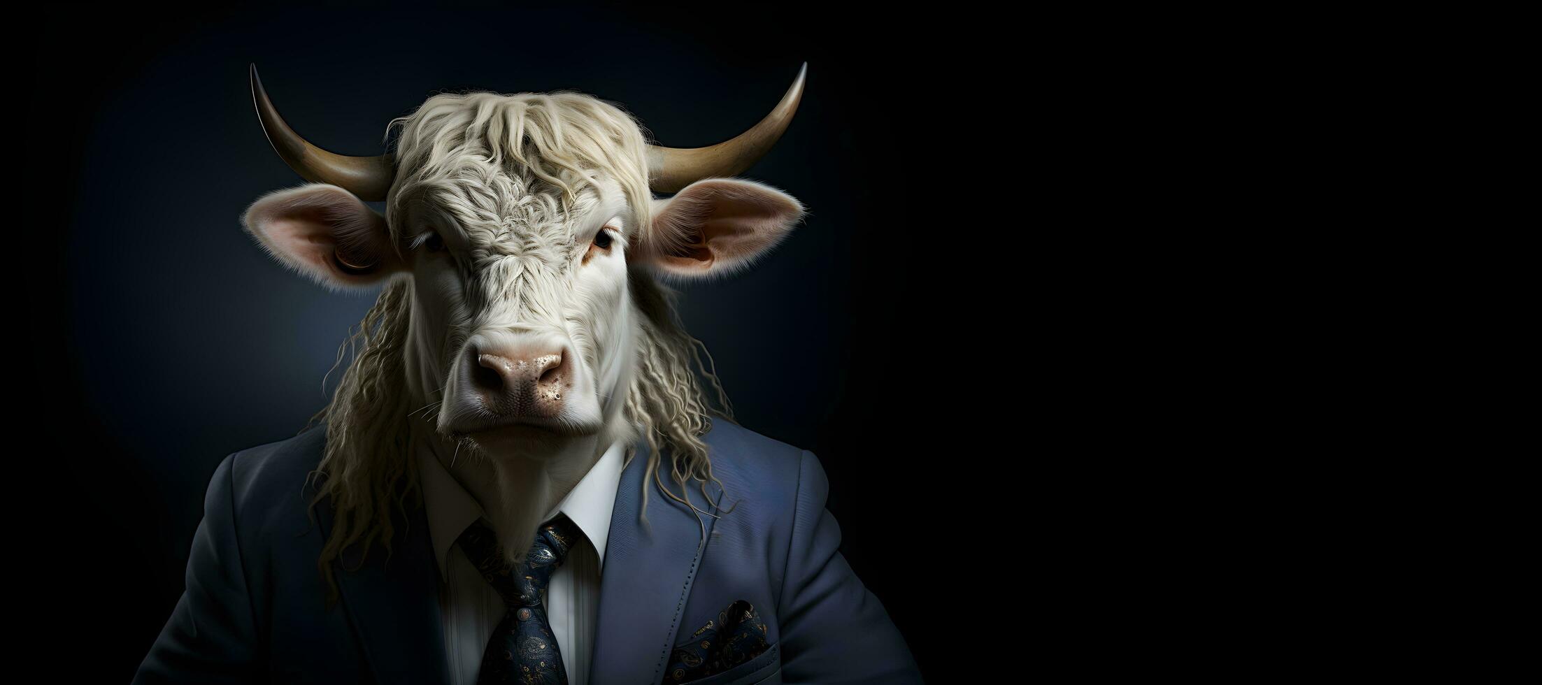 portrait of a cow wearing a suit and tie, copy space. generative ai photo