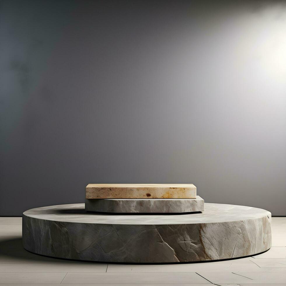 Light gray wall with a podium and beautiful lighting. Background for product presentation. Generative AI photo