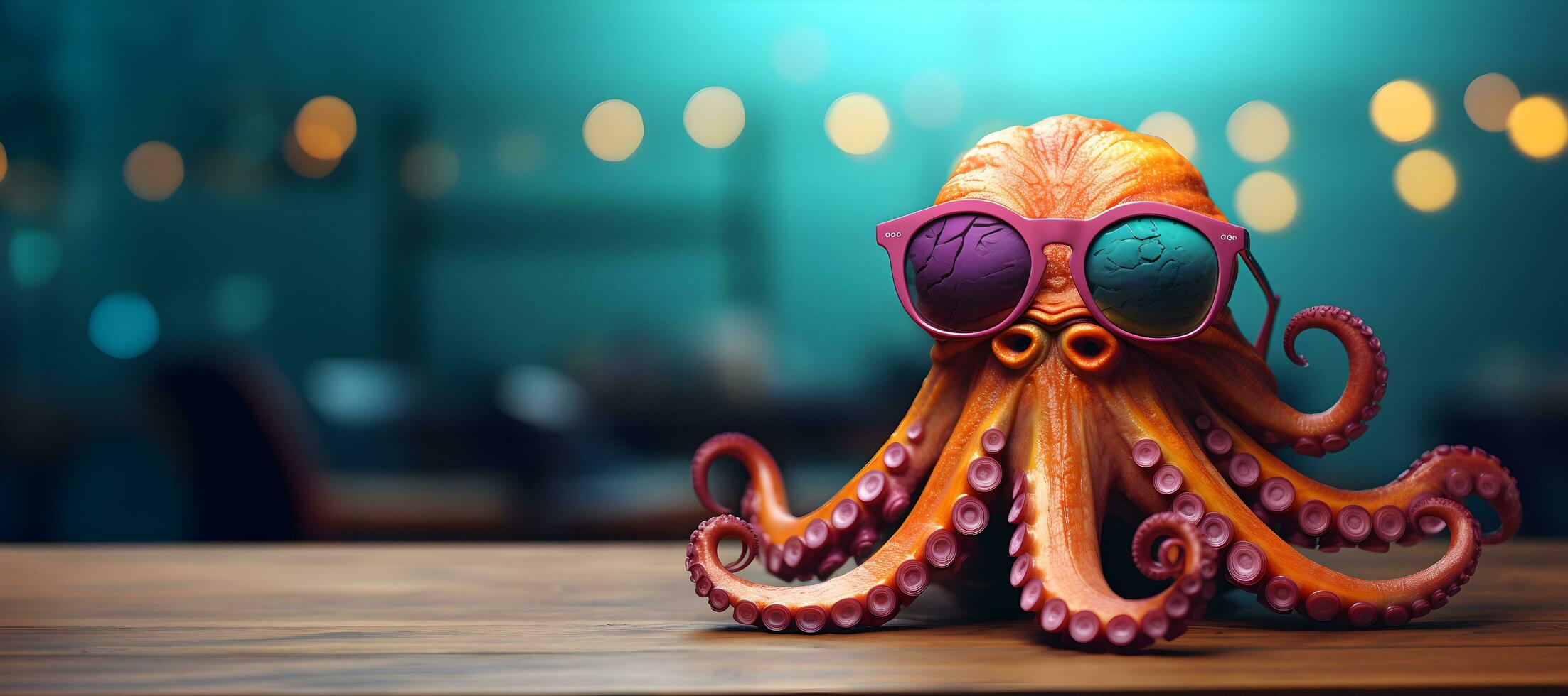 Creative animal concept. an octopus wearing sunglasses on a wooden table, digital art, faceted, copy space. Generative AI photo