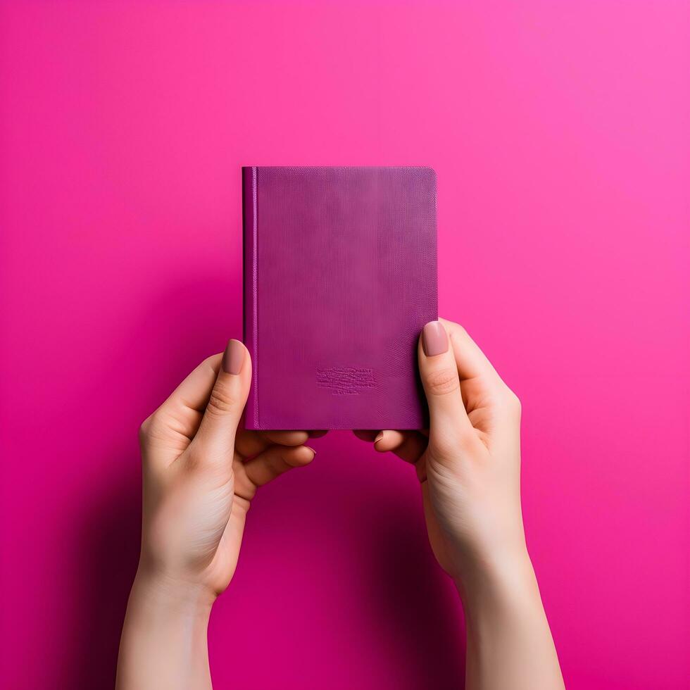 female  hands holding a small notebook or passport. genarative ai photo