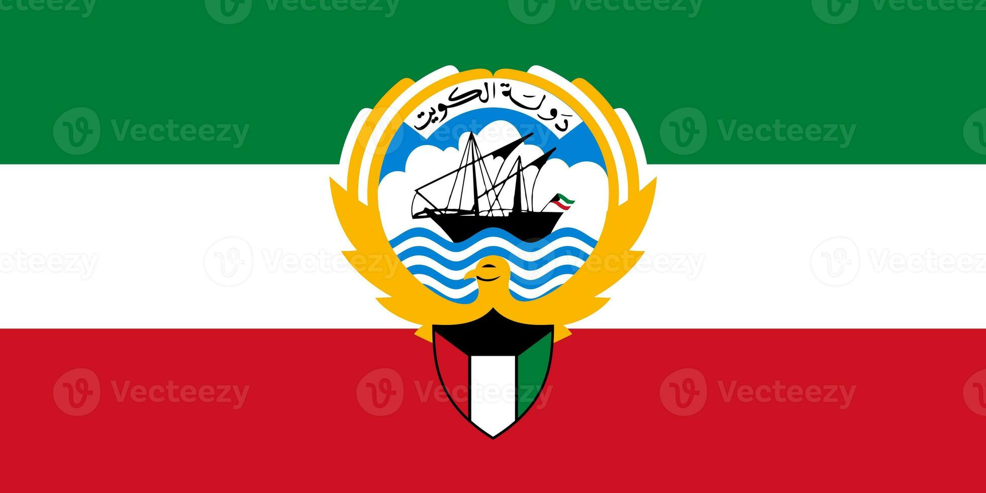 The official current flag and coat of arms of State of Kuwait. Flag of Kuwait. Illustration. photo