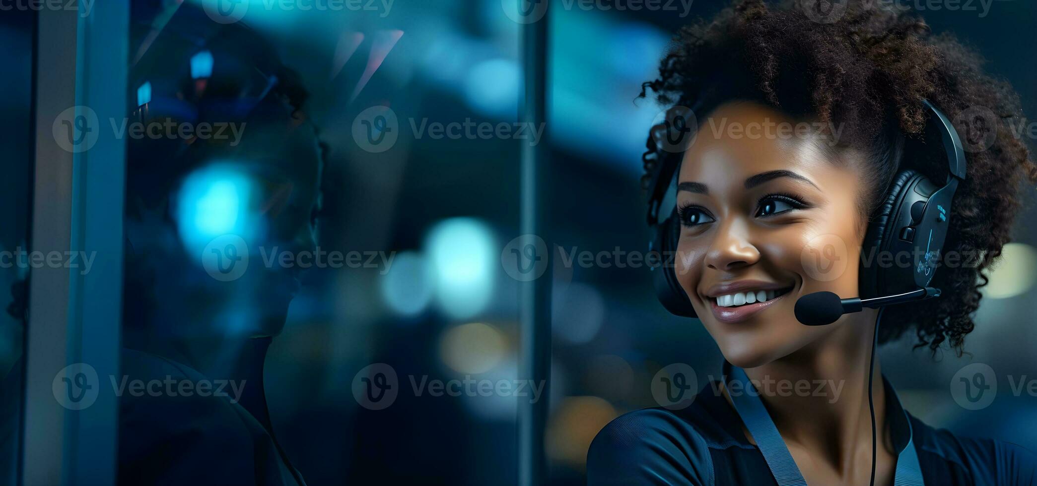 Female African American customer support agent working at a call center. Generative AI photo