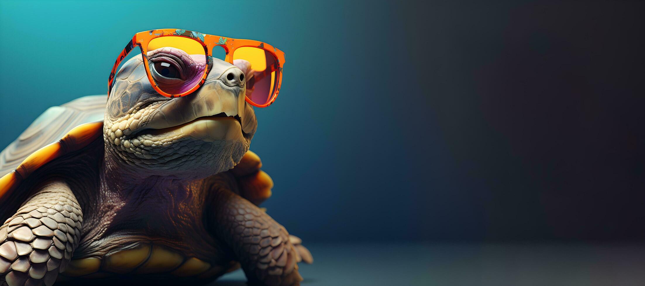 Creative animal concept. turtle wearing sunglasses on a solid color background, digital art, faceted, copy space. Generative AI photo