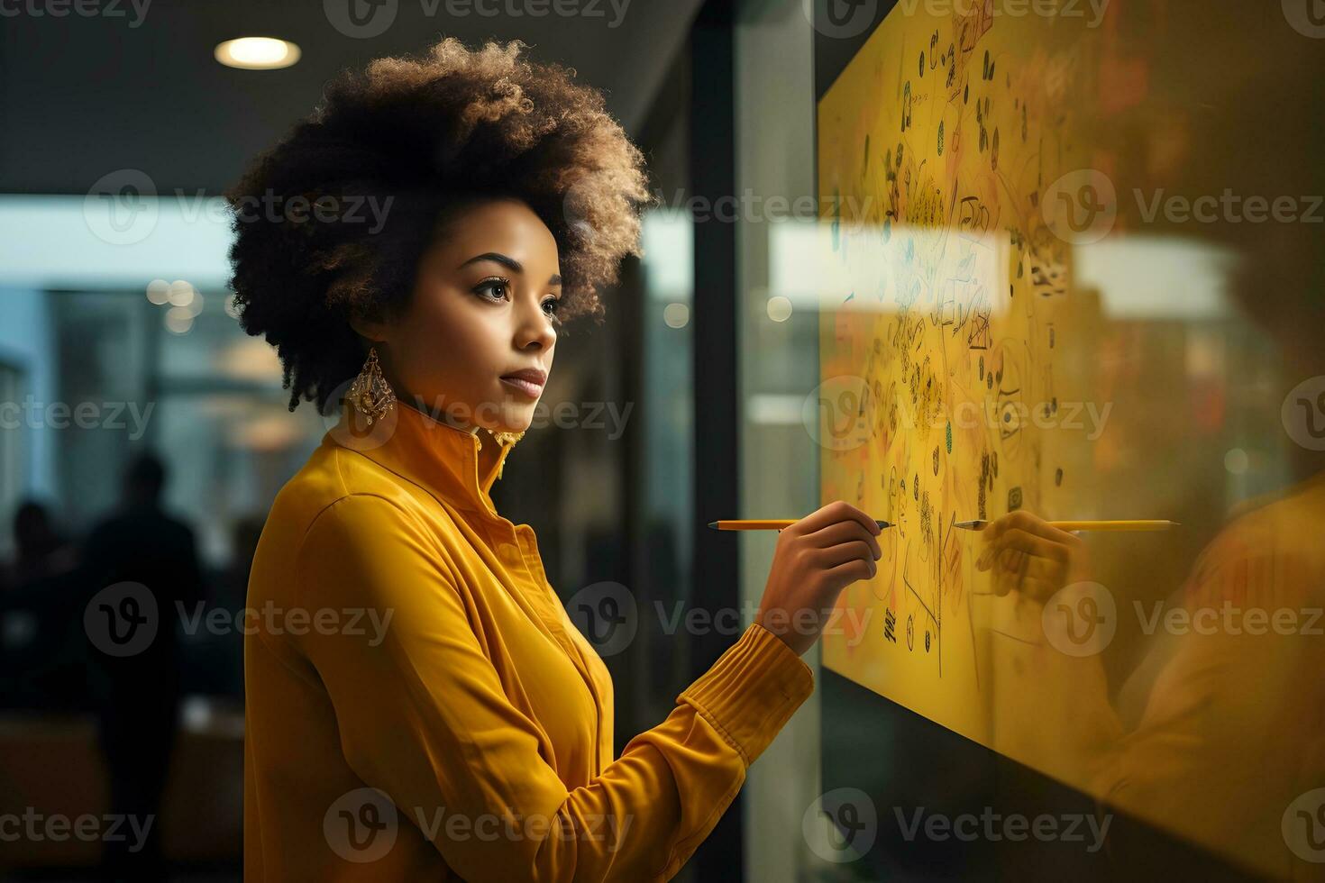 Young businesswoman planning on whiteboard in startup office. genarative ai photo