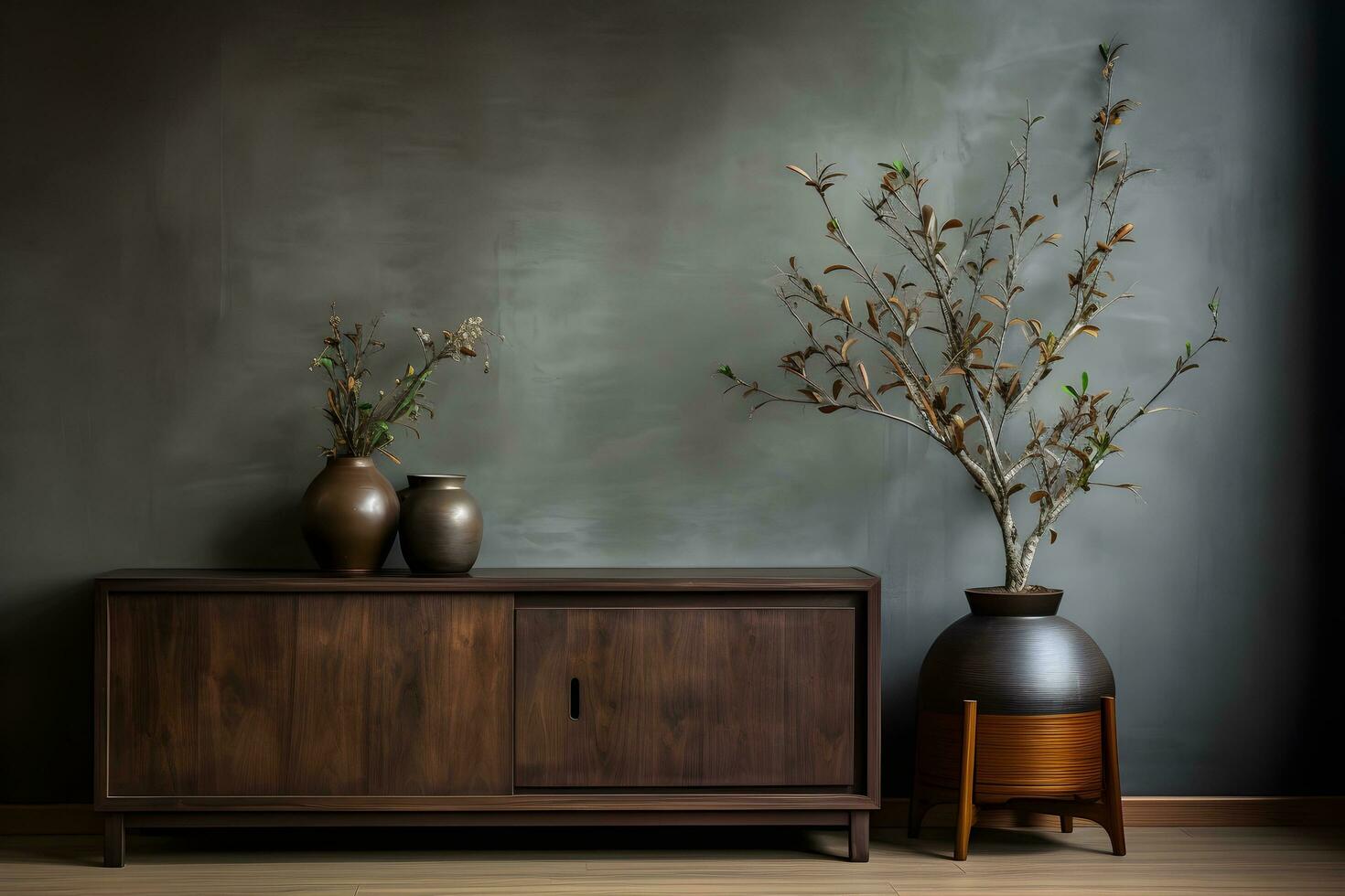 Stylish living room with a wooden dresser, modern interior design. Genarative ai photo