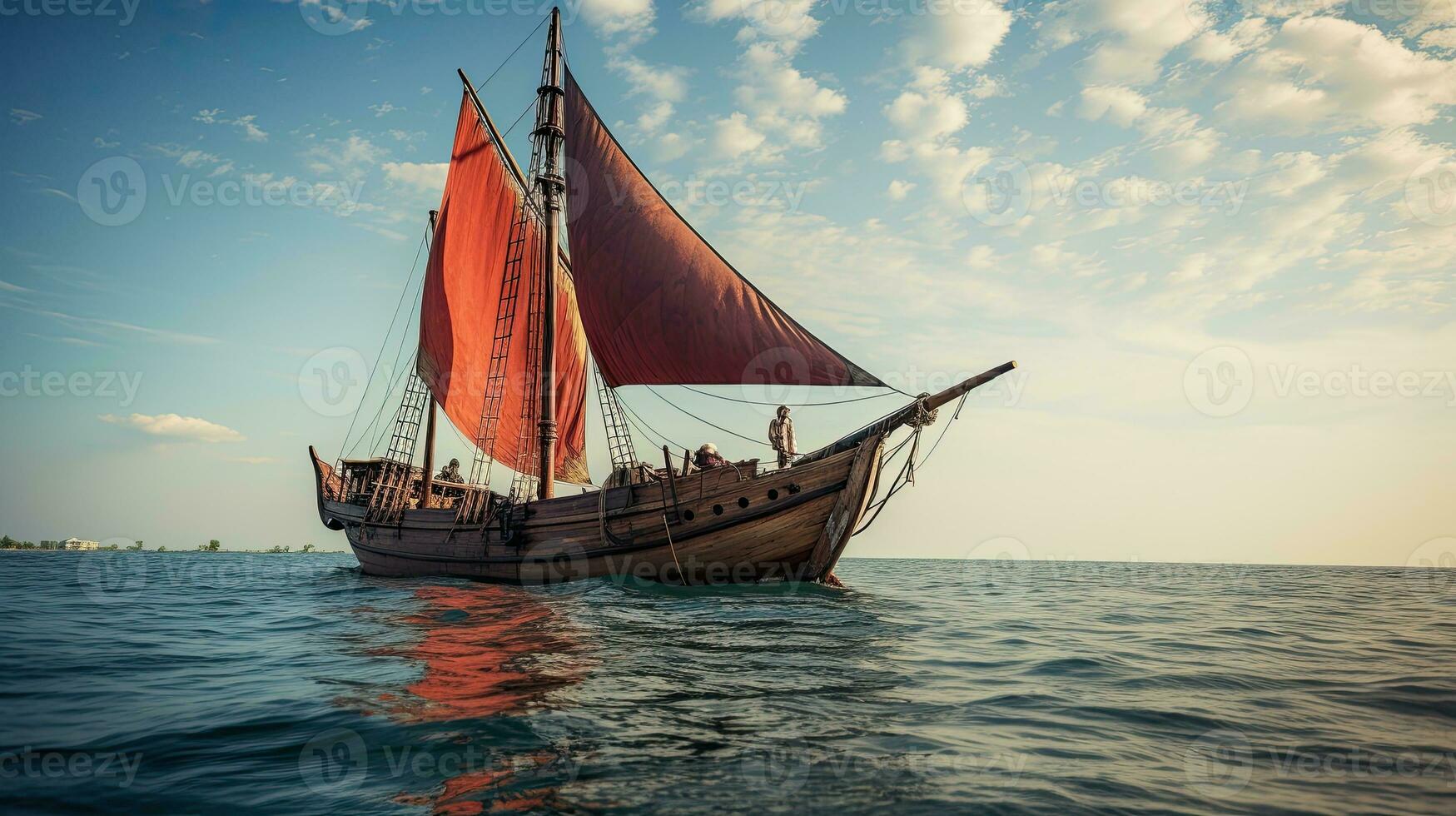 retrato Pinisi Embarcacion navegación en el mar con ligero exposición ai generativo foto