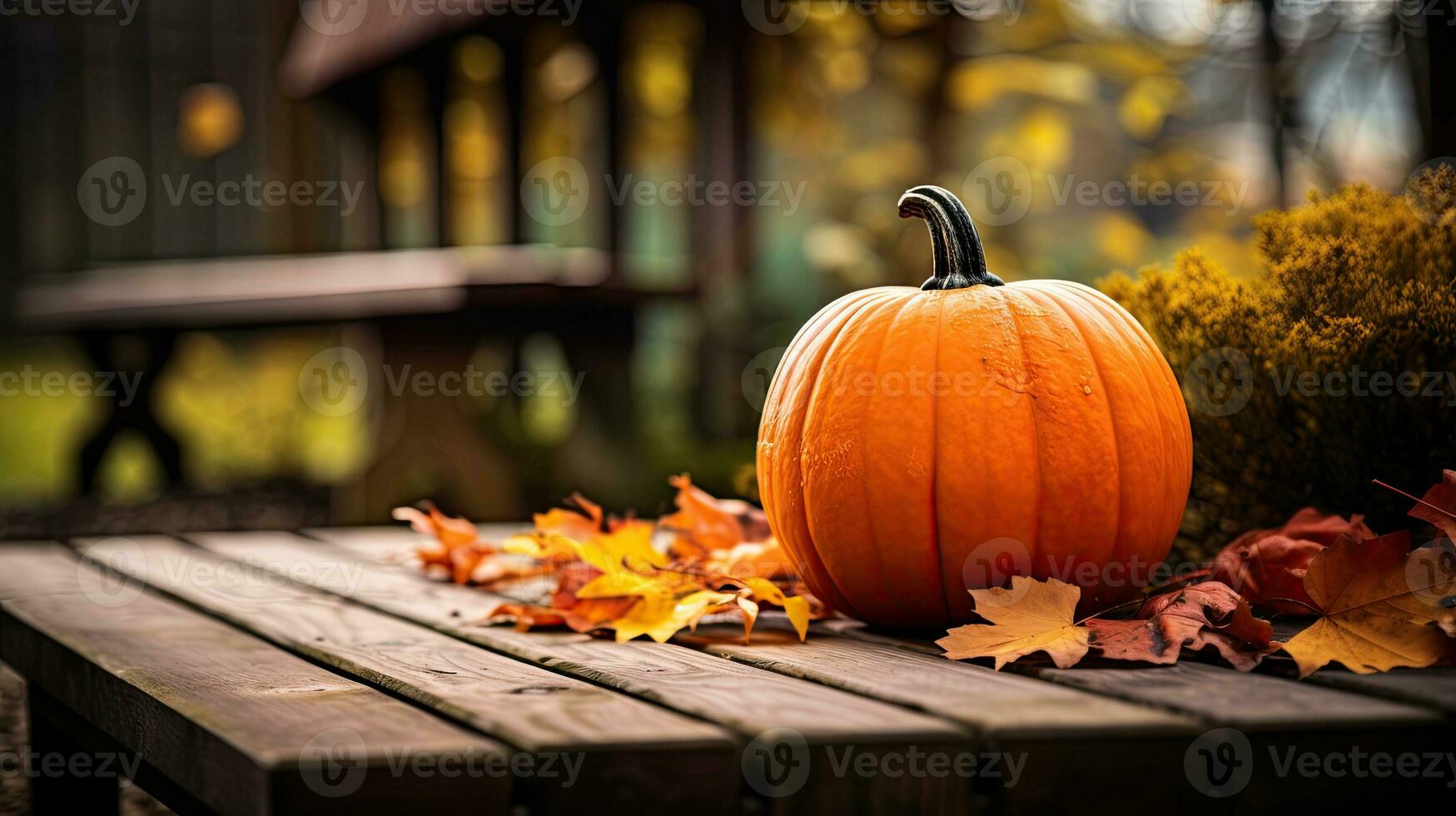 Portrait pumpkin on the wooden table photo