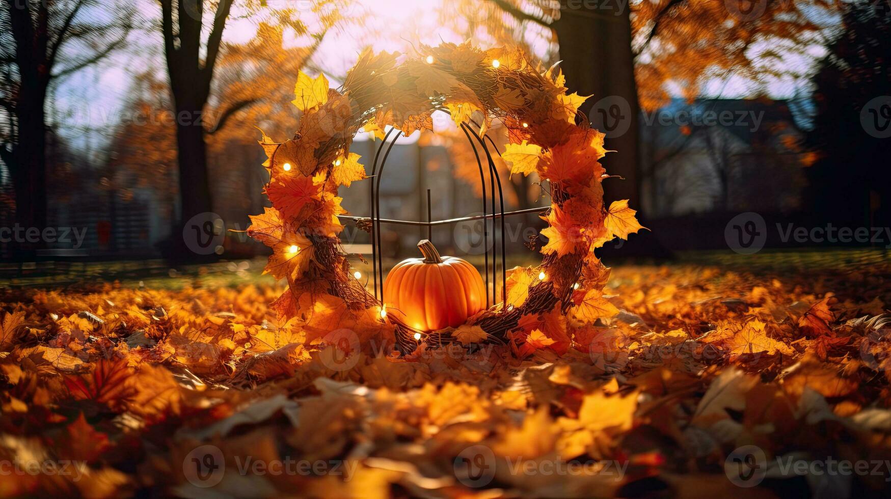 Portrait pumpkin with autumn leaf wreath AI Generative photo