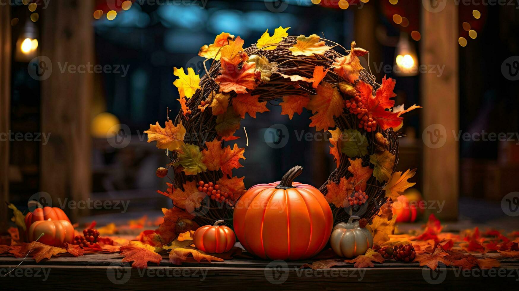 Pumpkin with autumn leaf wreath AI Generative photo