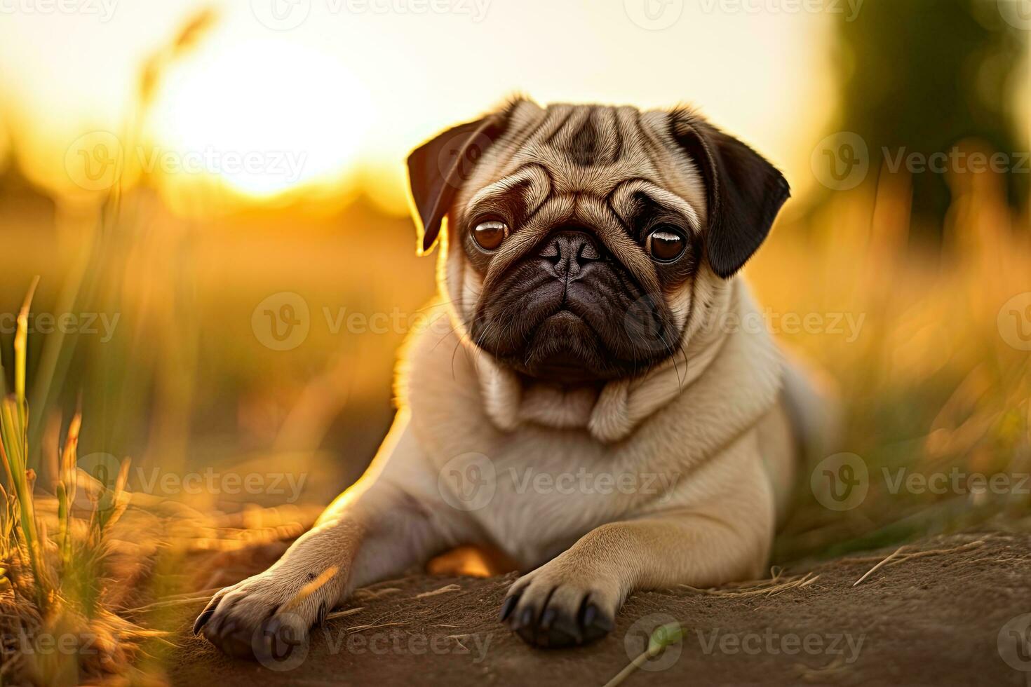 Portrait cute pug on the meadow with light exposure AI Generative photo