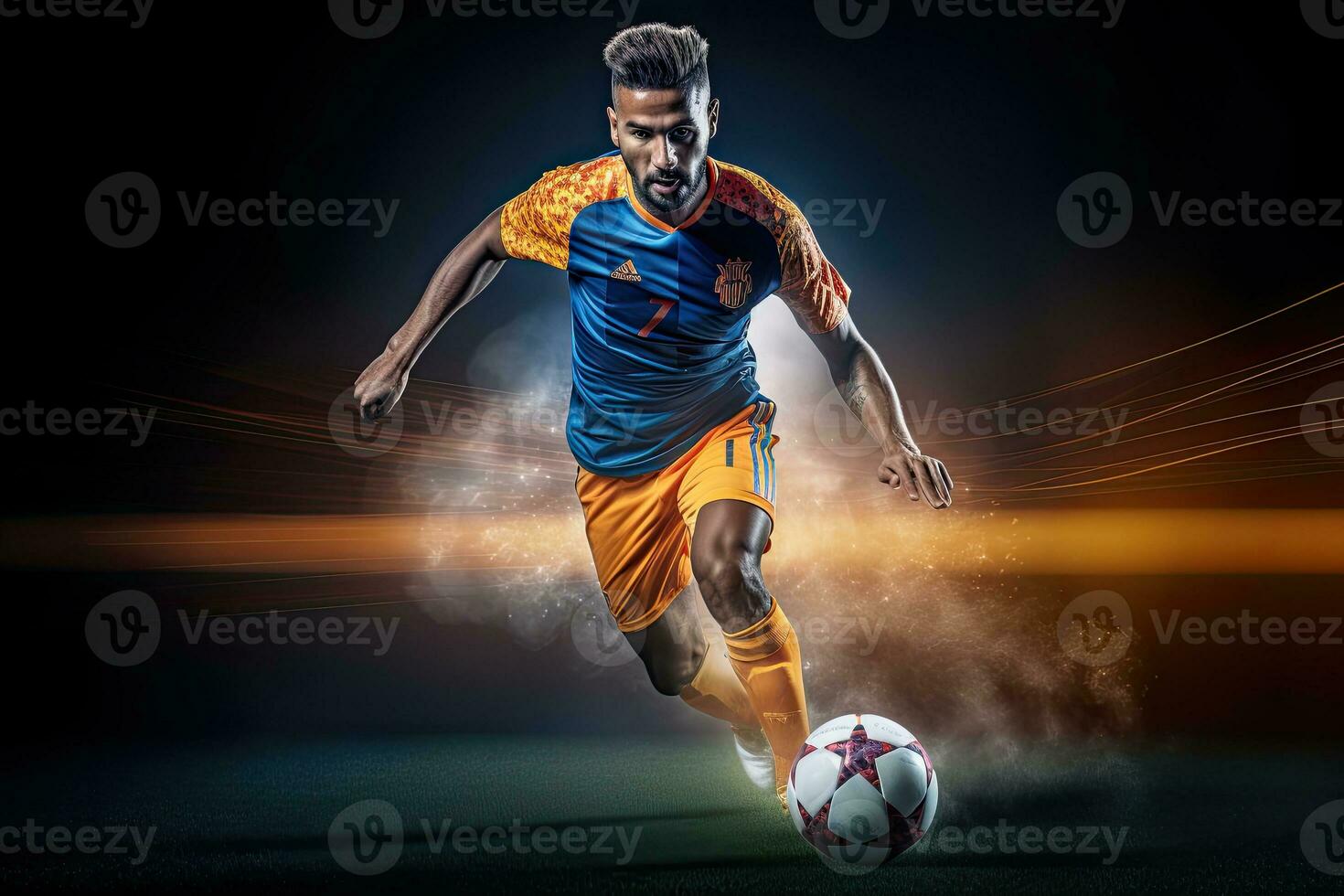 Portrait professional soccer player dribbling ball AI Generative photo