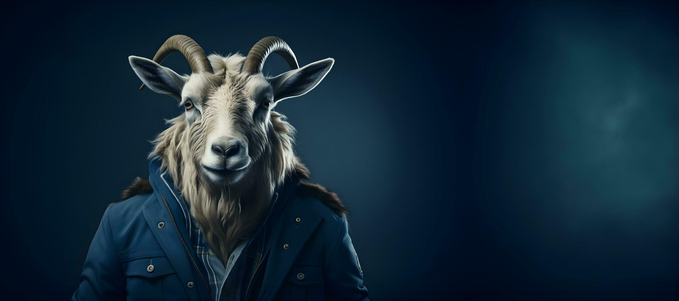 goat wearing a blue jacket and a scarf , copy space. generative ai photo