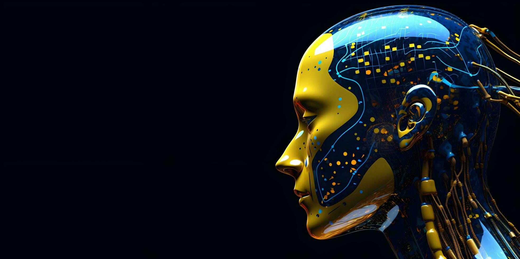 Side view of a humanoid head with blue and yellow eyes and vibrant neon neural network, representing futuristic technology and artificial intelligence. Generative AI photo