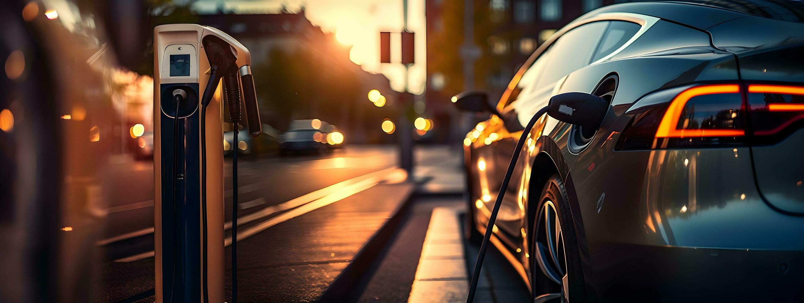 an electric car is plugged into an electric charger. generative ai photo