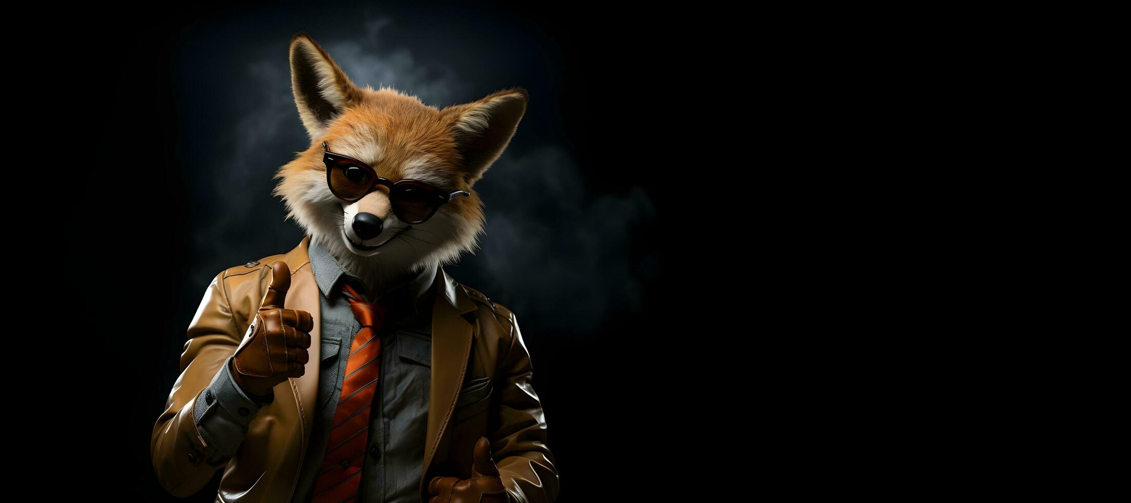 portrait of a fox wearing glasses and a suit and showing thumbs up. copy space. generative ai photo