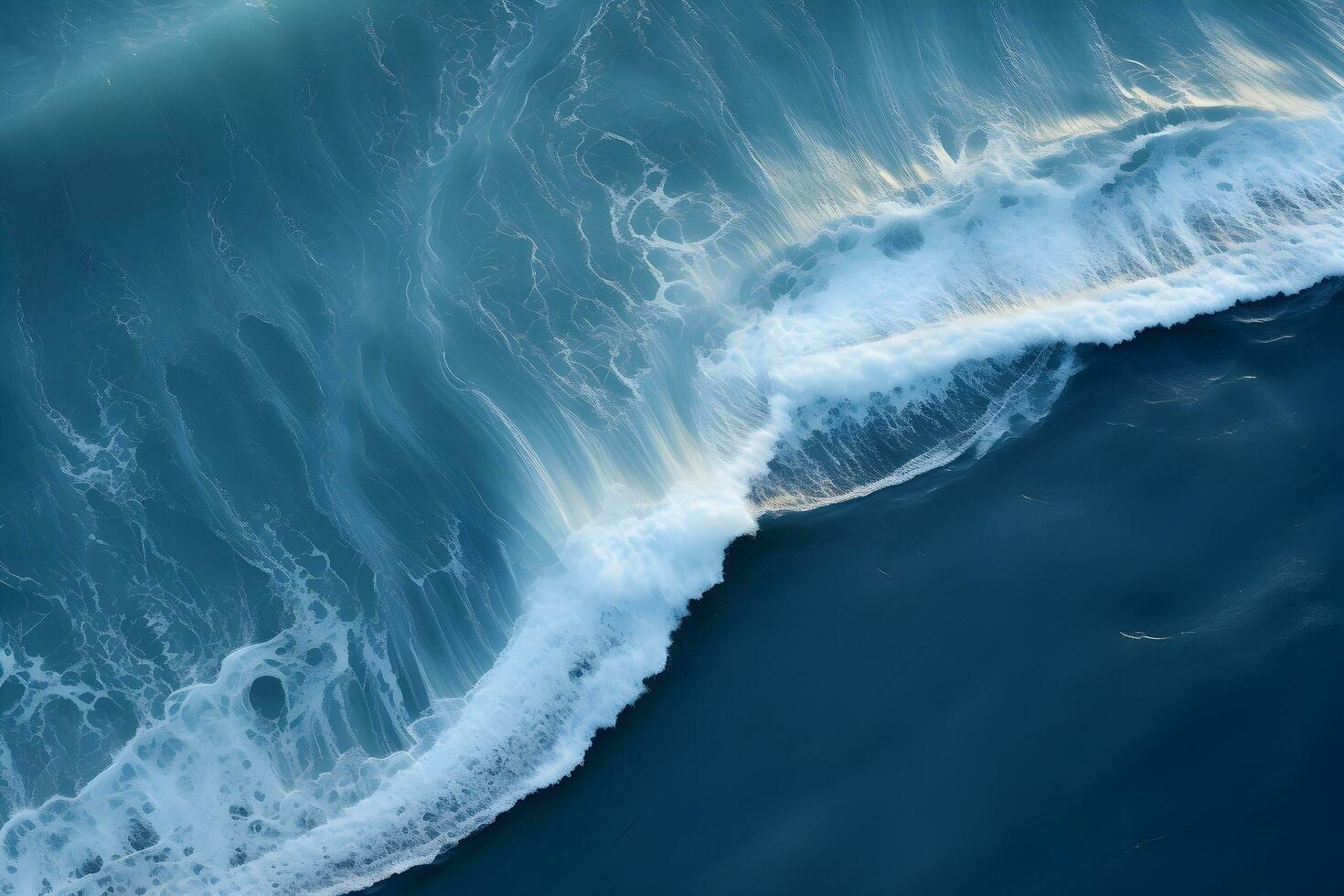 an aerial view of a wave breaking on the ocean.Drone photo backdrop of sea wave in bird eye waves. generative ai