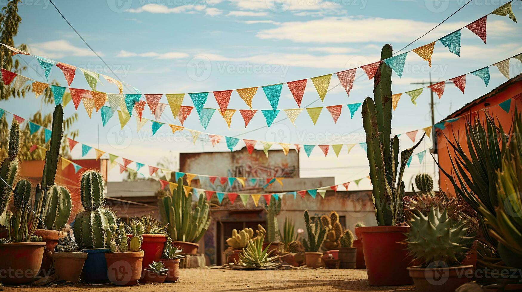 Portrait cactus on the pot with bunting AI Generative photo