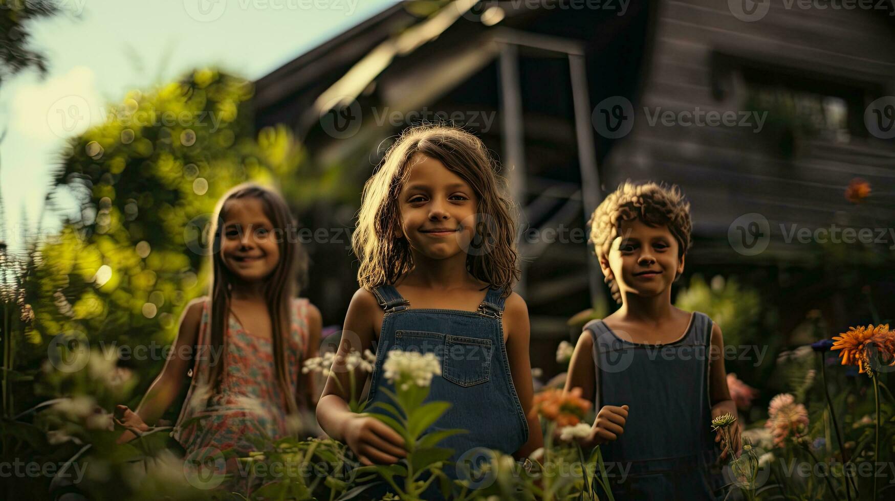 Portrait kids playing in the garden AI Generative photo