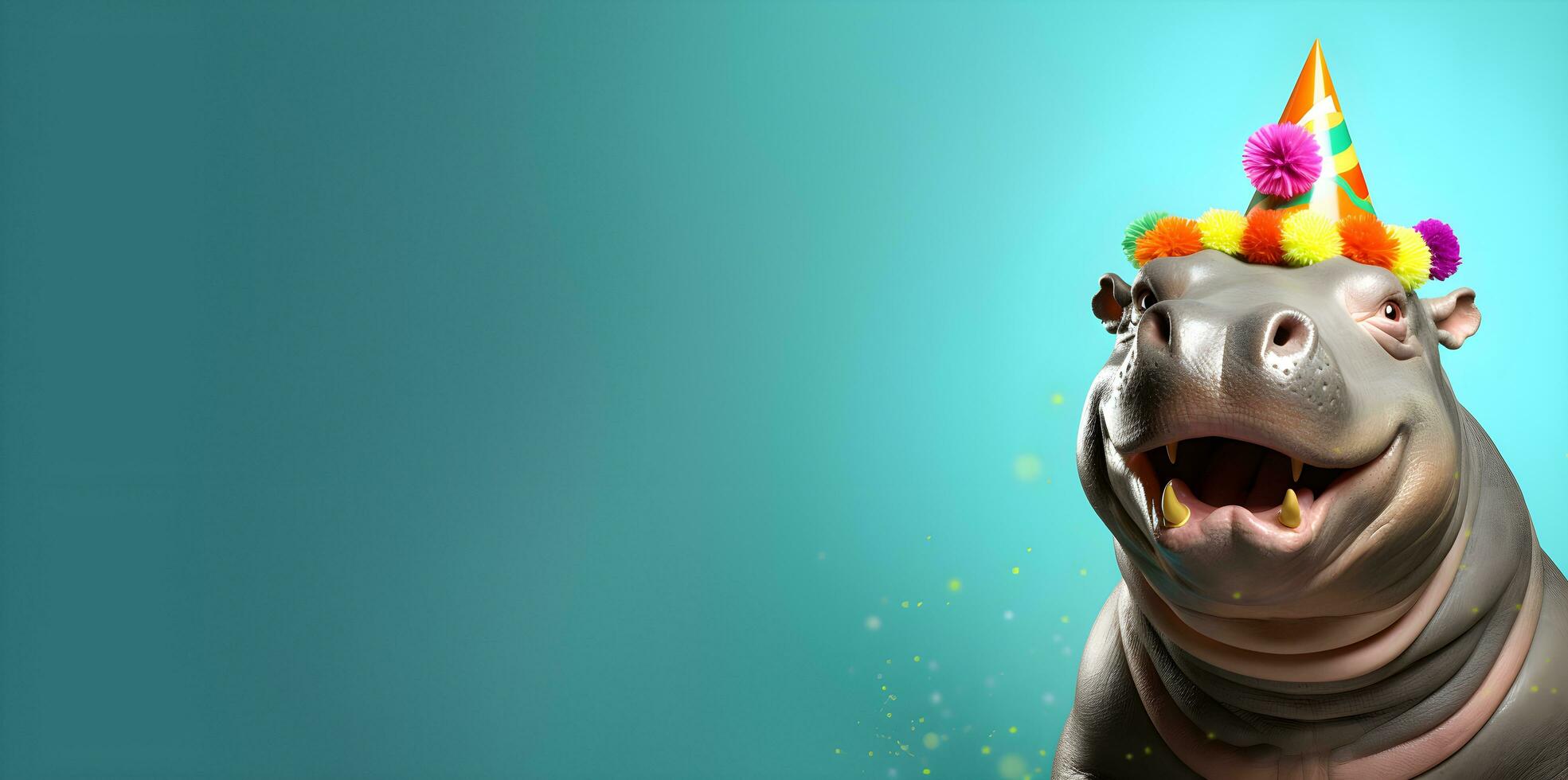Creative animal concept. a hippo with a birthday hat on its head , digital art, faceted, copy space. Generative AI photo