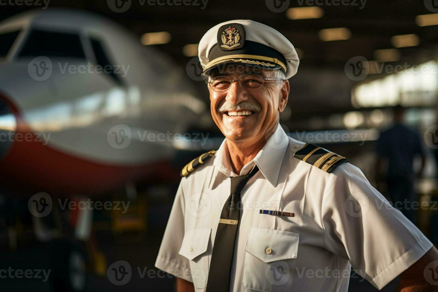 a pilot man portrait with airplane on the background photo