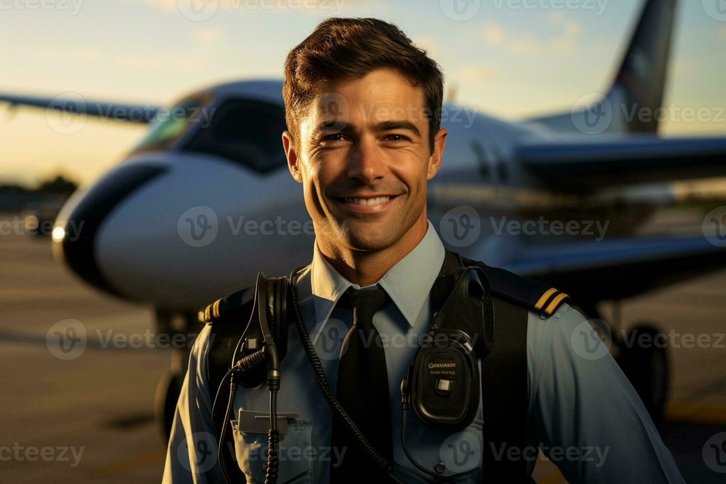 a pilot man portrait with airplane on the background photo