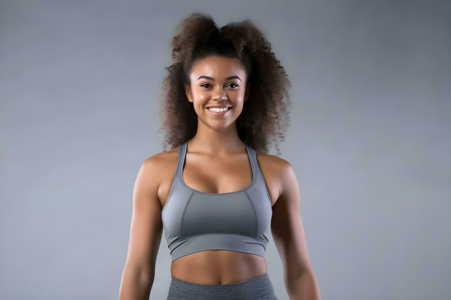 the beautiful woman in a grey sports top isolated on blue light background, copy space. genarative ai photo