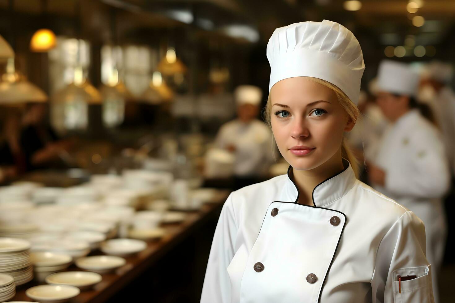 Portrait of a smiling female chef standing in a restaurant,generative ai photo