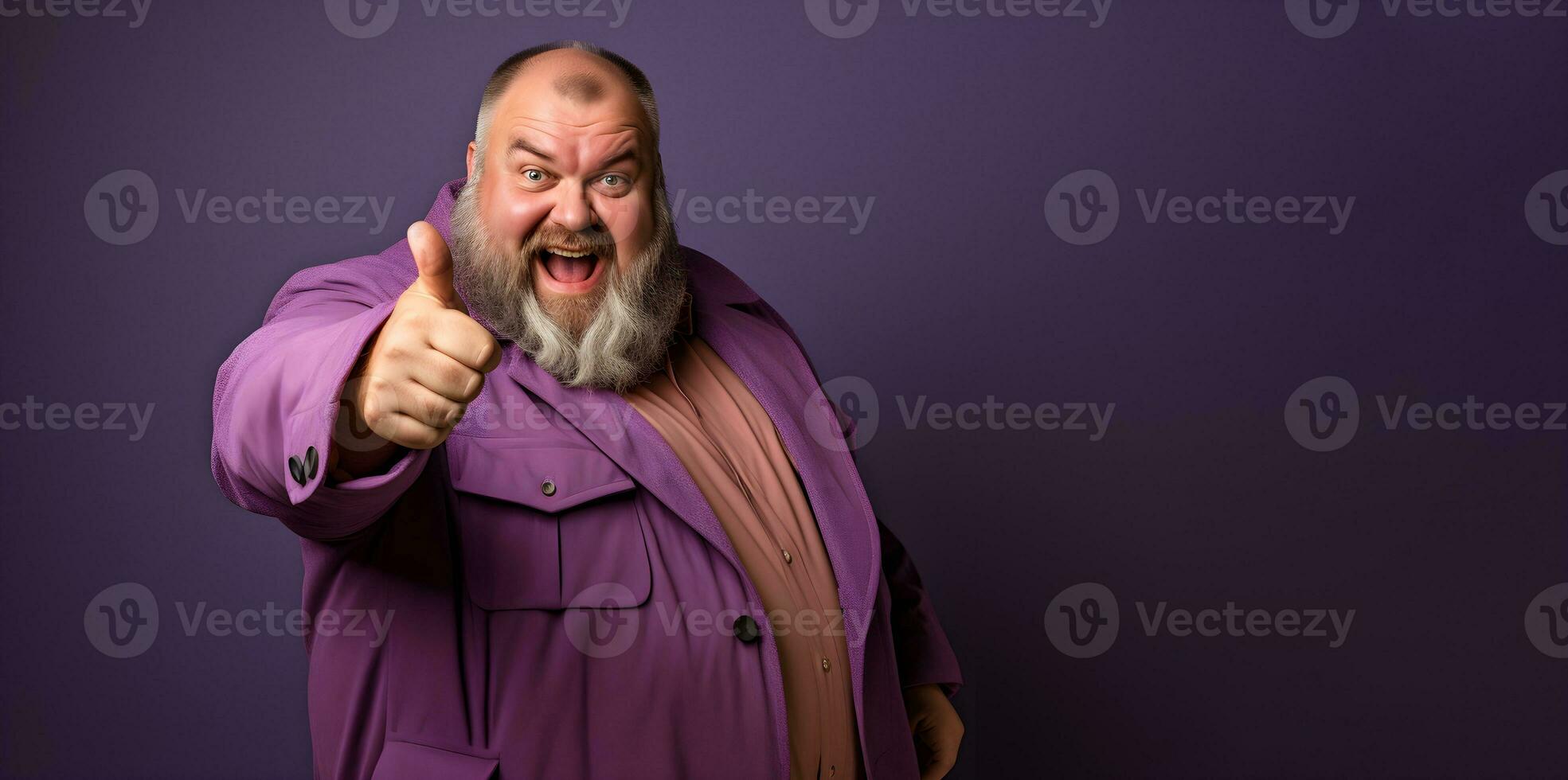 An excited fat man wearing a purple jacket and is giving a thumbs up. generative ai photo