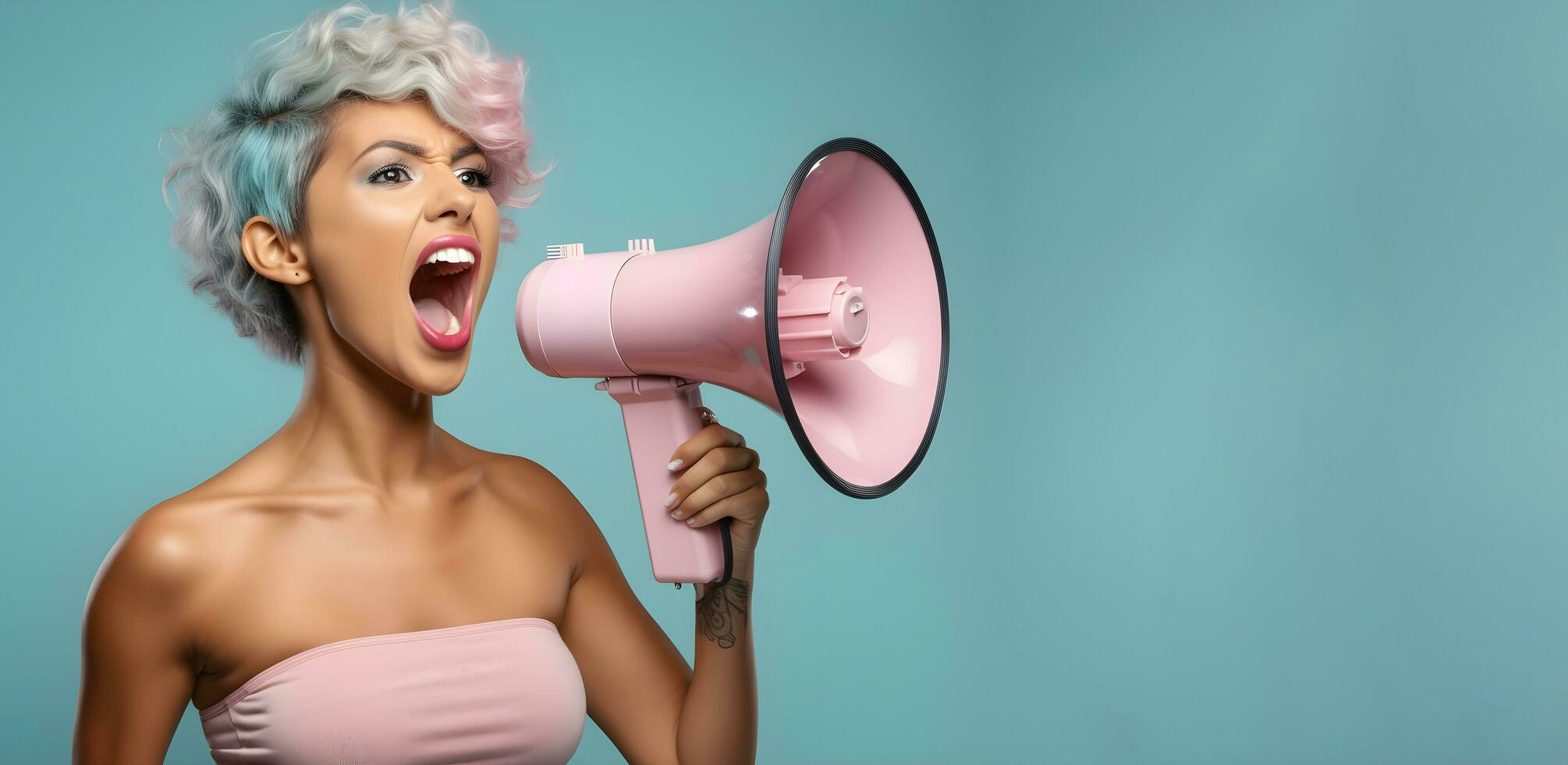 Woman shouting through megaphone, generative ai photo