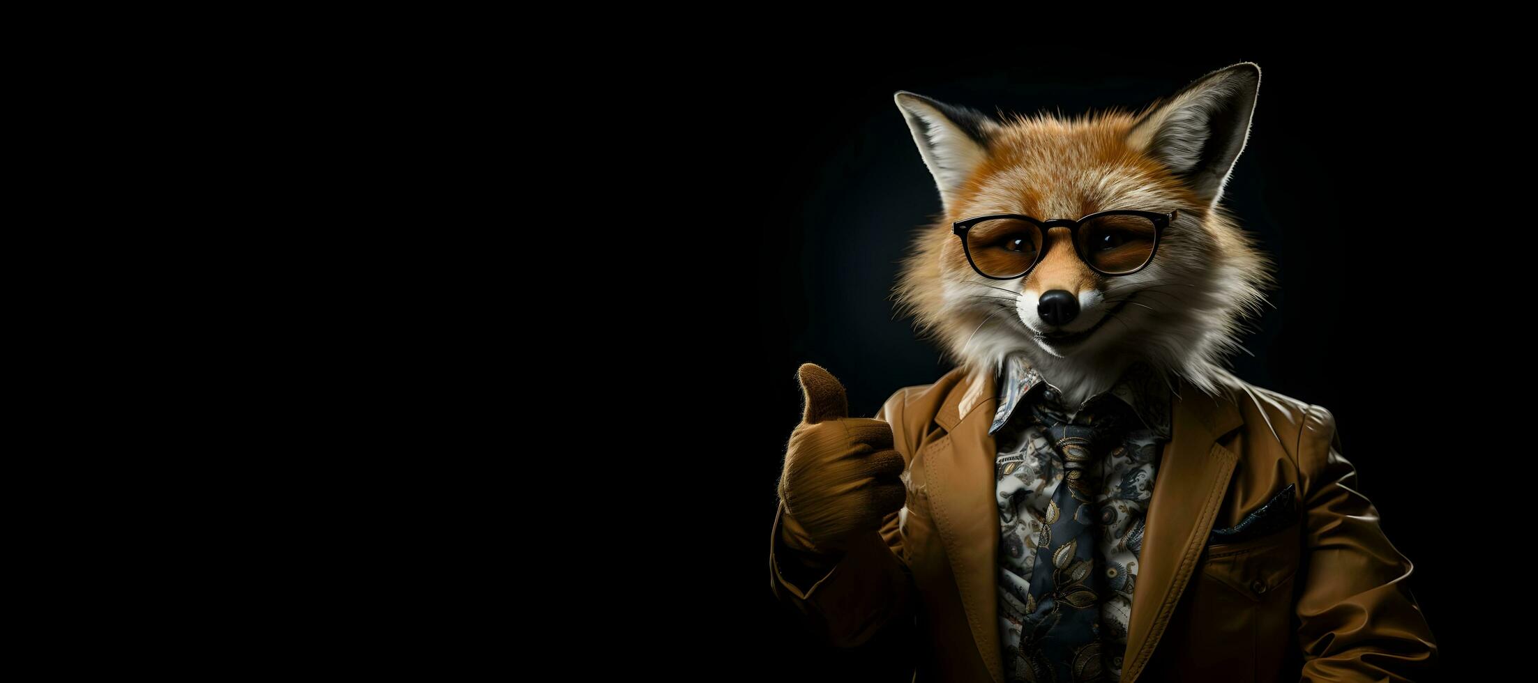 portrait of a fox wearing glasses and a suit and showing thumbs up. copy space. generative ai photo