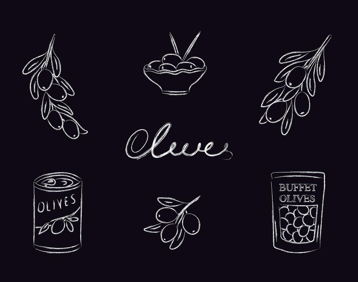 Charcoal olives set isolated on a dark blue background, Canned olives, buffet olives, olive branches, and olives on a plate. vector