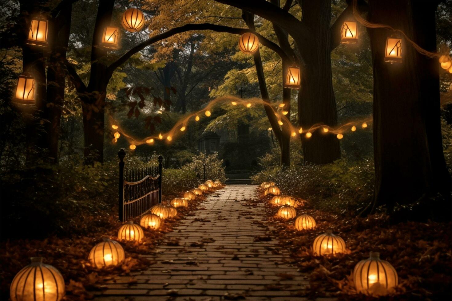 a path with lanterns and pumpkins in the woods photo