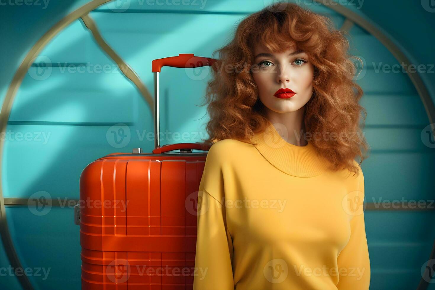 Beautiful  woman with suitcase for summer trip. Vacation travel concept. copy space. genarative ai photo