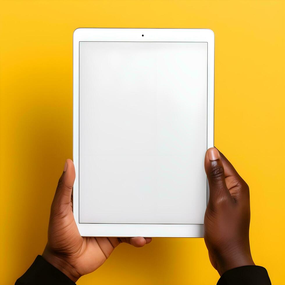 manos participación un ipad con un blanco pantalla. generativo ai foto