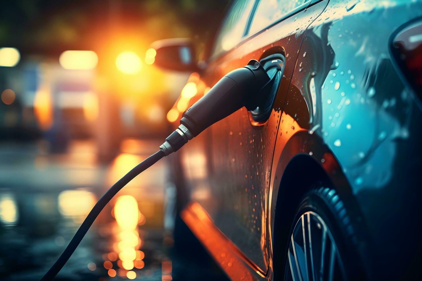 an electric car is plugged into an electric charger. generative ai photo
