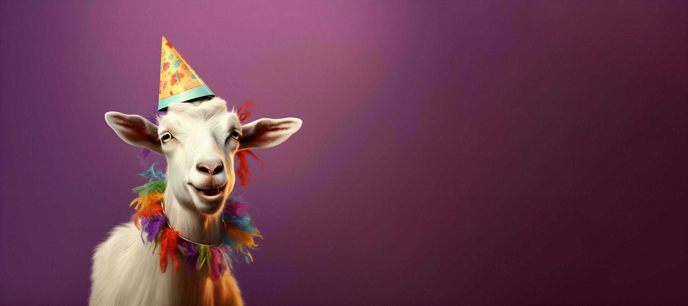 Creative animal concept. goat wearing a party hat on a purple background, digital art, faceted, copy space. Generative AI photo