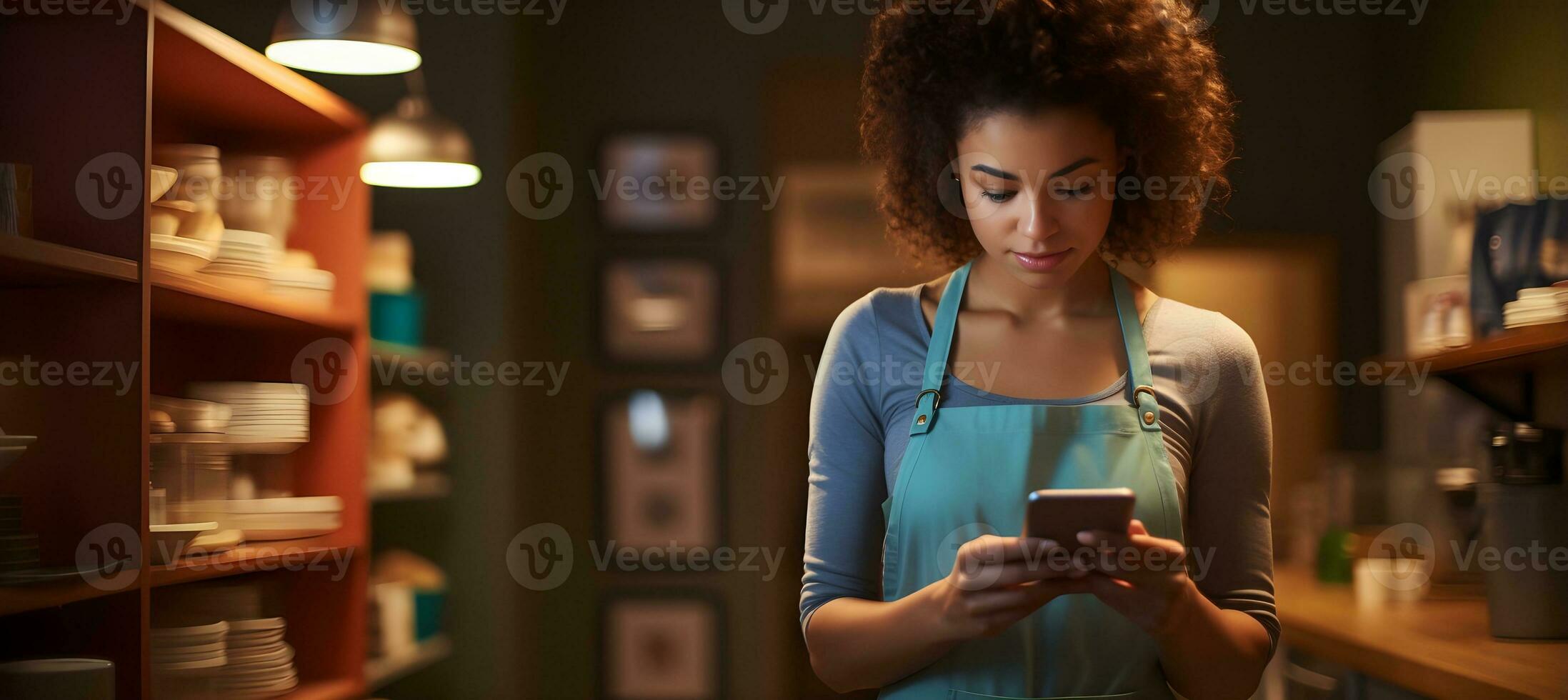 retrato de sonriente camarera barista utilizando móvil teléfono a trabajar, ai generativo foto