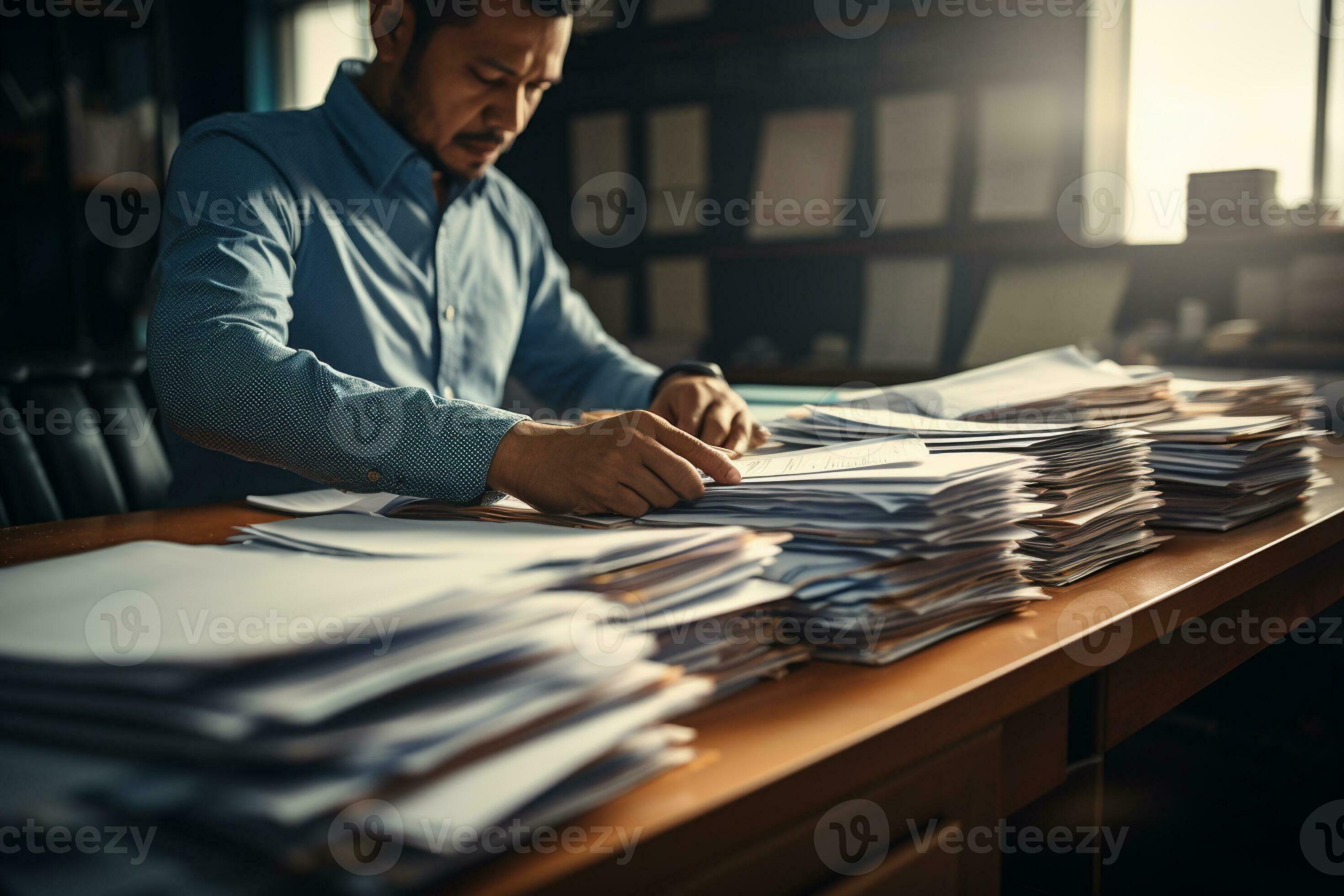 a man hard working with a lot of paper on work table 30763627 Stock