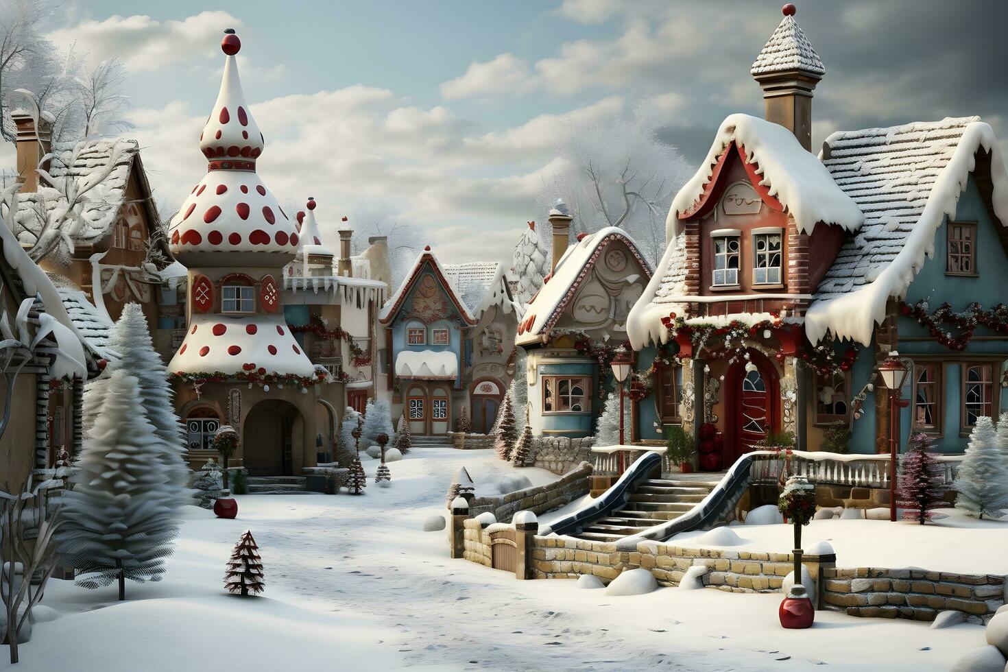 watercolor Christmas village with people, snow, and Christmas tree. generative ai photo