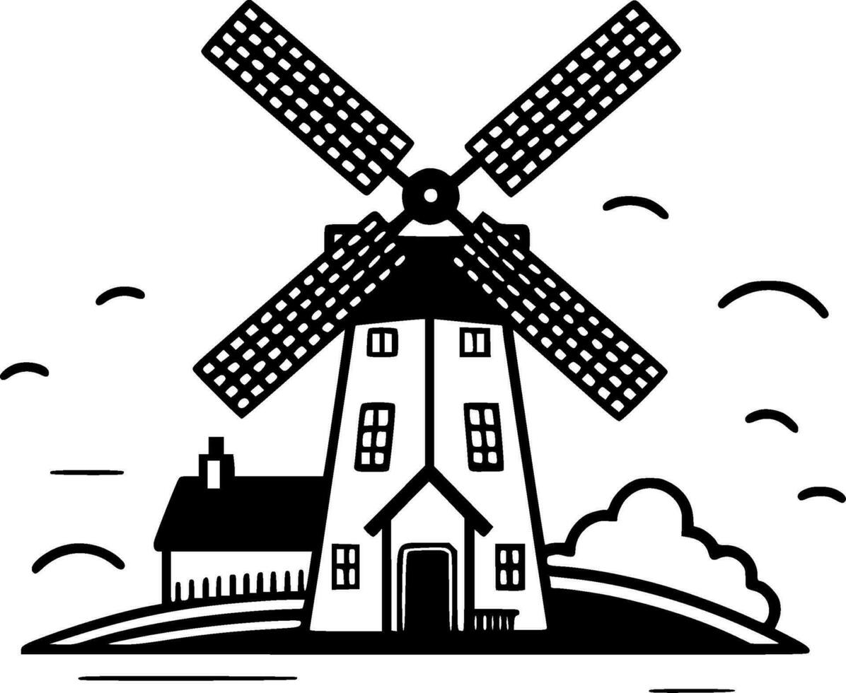Windmill, Black and White Vector illustration