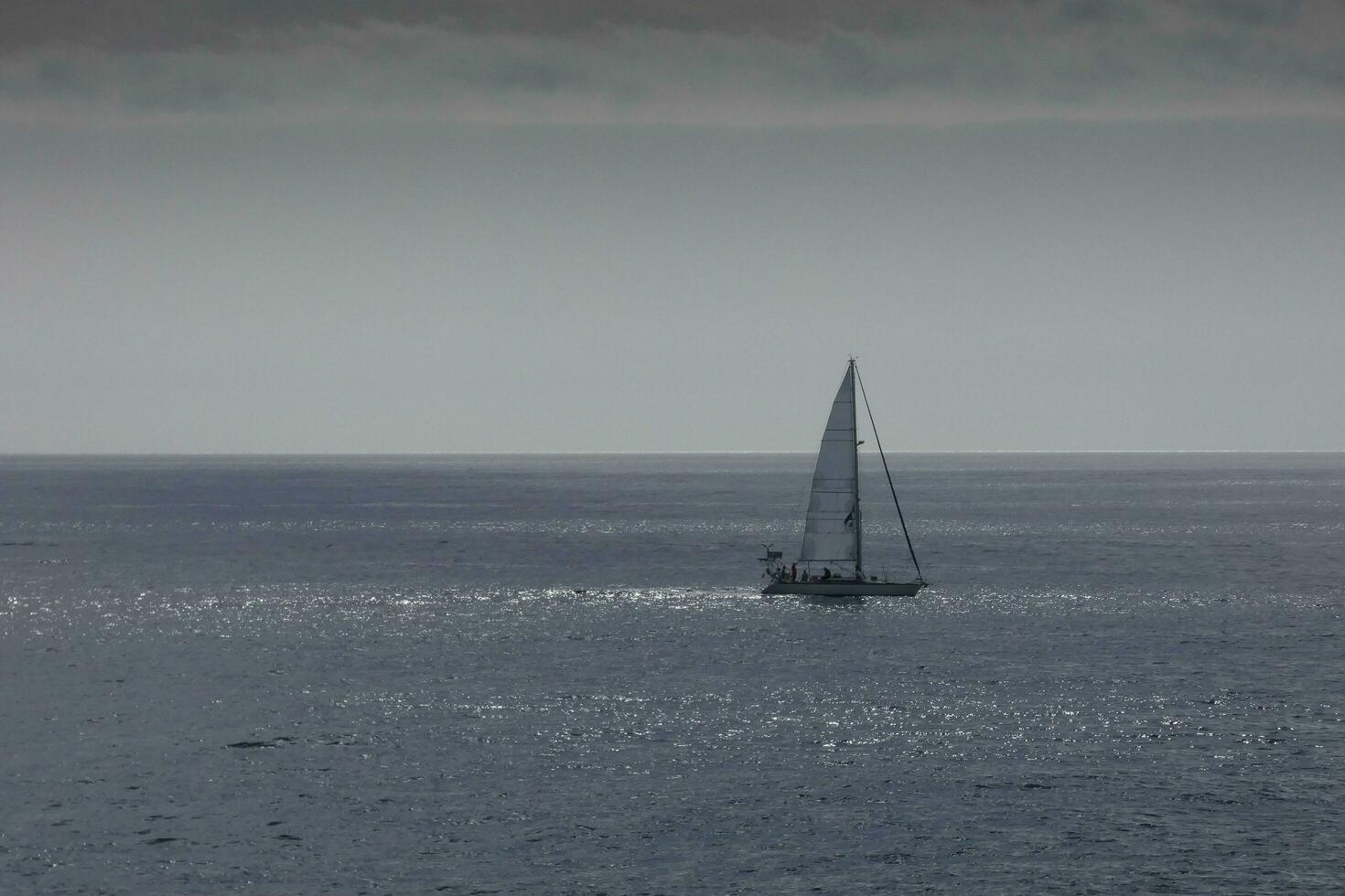 velero con vela desplegado, navegación en el calma mar a puesta de sol. foto