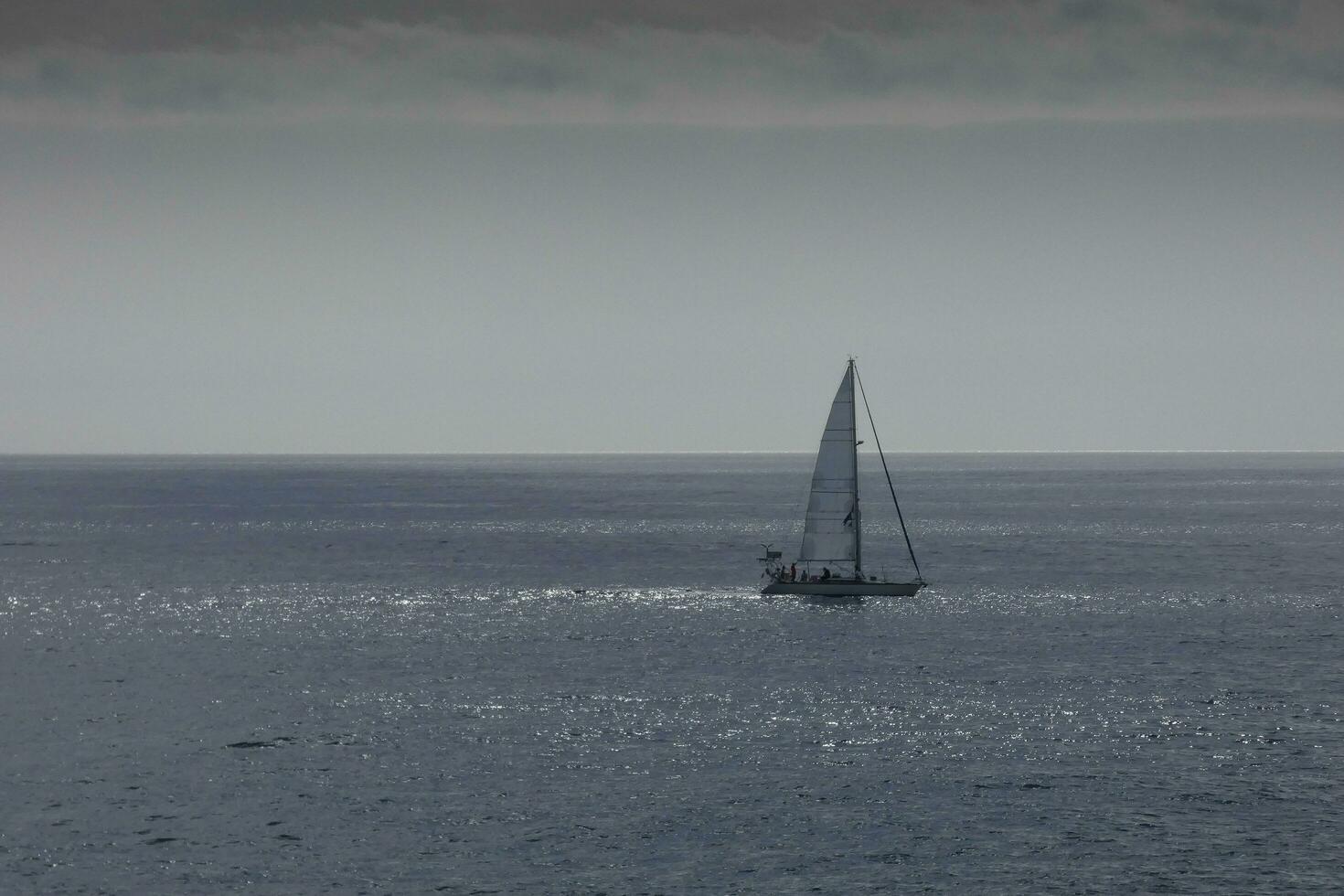 Sailboat with sail unfurled, sailing on the calm sea at sunset. photo