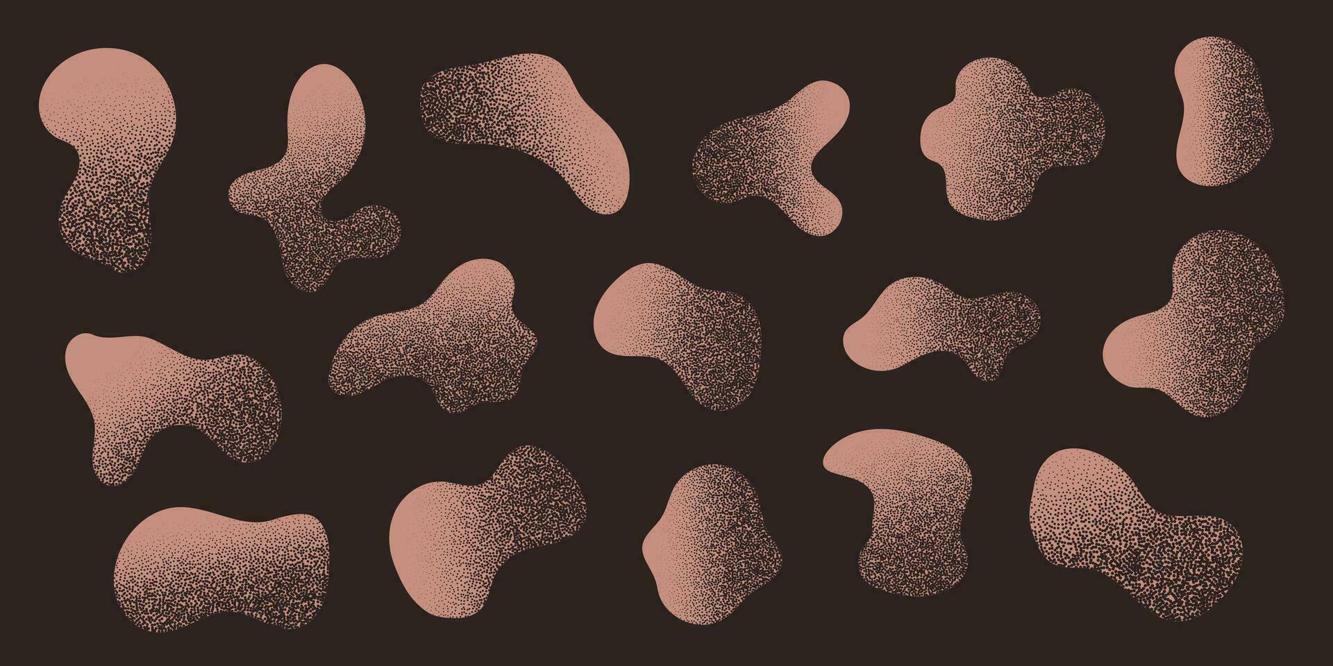 Beige Amoeba blob with gritty texture, organic abstract shape. Set of Liquid amorphous shapes, fluid blotch collection. Dust grain gradient on dark background. vector